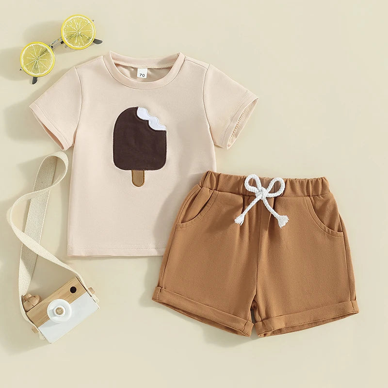 Toddler Baby Boy 2Pcs Summer Outfit Popsicle Embroidery Round Neck Short Sleeve Top Elastic Waist Shorts Set