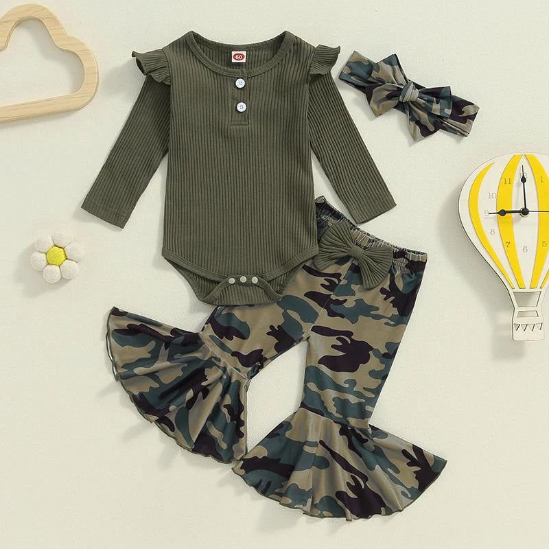 Baby Girls 3Pcs Fall Outfit Long Sleeve Ribbed Solid Color Romper Camouflage Print Flared Long Pants Headband Set