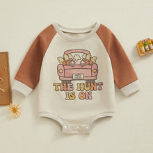 Load image into Gallery viewer, Baby Boy Girl Easter Long Sleeve Crewneck Bubble Romper The Hunt Is On Letter Carrot Truck Jumpsuit

