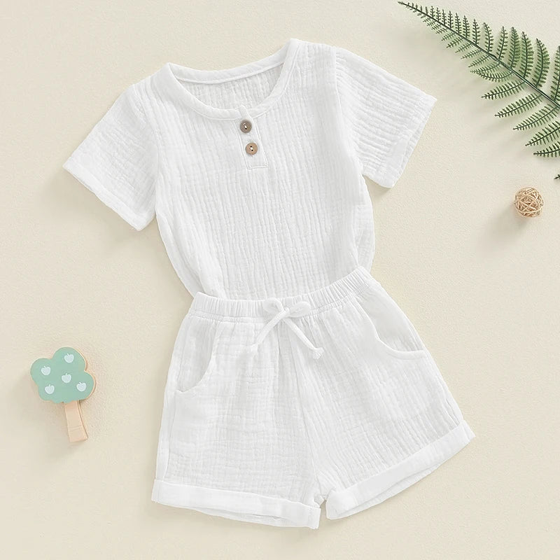 Baby Toddler Boys Girls 2Pcs Short Sleeve Button Front Solid Color Top and Shorts Outfit Set