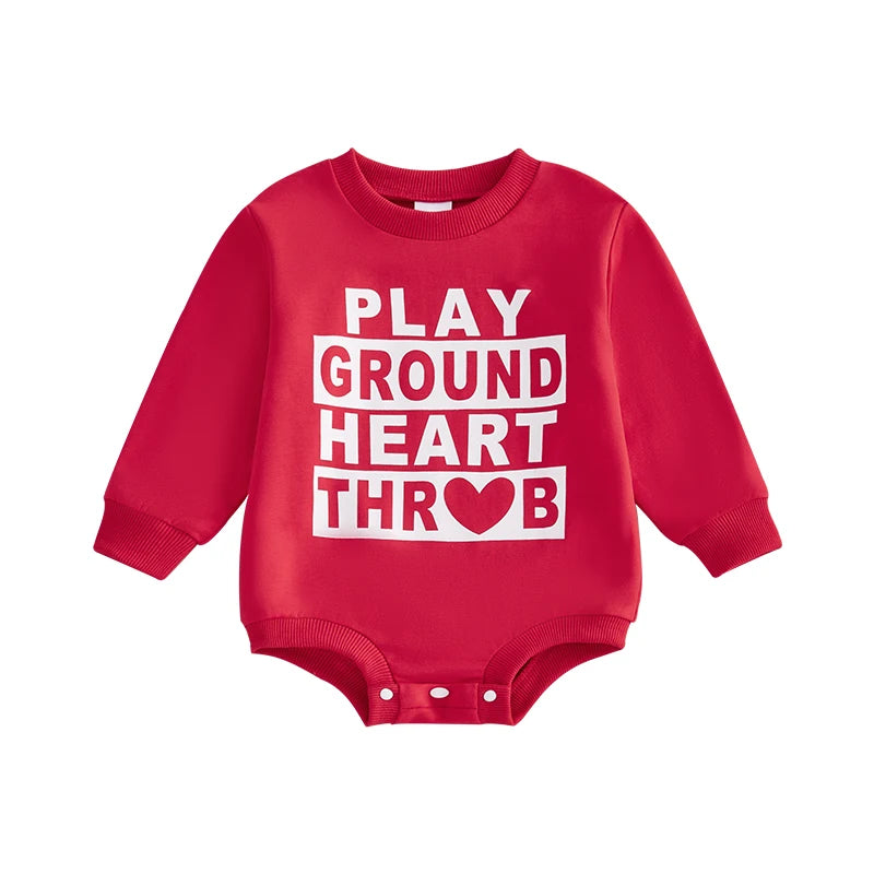 Baby Girls Boys Playground Heart Throwb Valentine's Day Bubble Romper Letter Heart Print Long Sleeve Crew Neck Jumpsuit