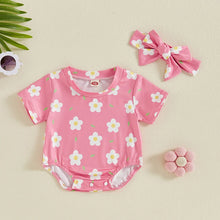 Load image into Gallery viewer, Baby Girl 2Pcs Summer Outfit Short Sleeve Flower Leaf Print Romper with Headband Set
