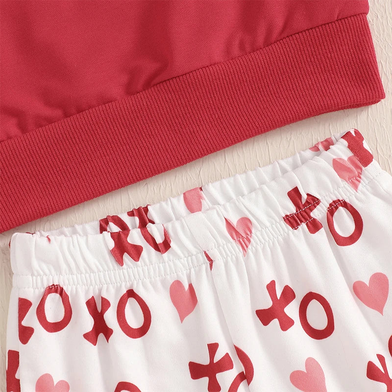 Baby Toddler Girls 2Pcs XOXO Valentine's Day Outfit Letter Embroidery Long Sleeve Crewneck Top with Heart Pattern Flare Pants Valentines Set