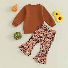 Load image into Gallery viewer, Toddler Baby Girl 2Pcs Hello Pumpkin Print Farm Fresh Pumpkin Long Sleeve Top Flower Pattern Flare Bell Bottom Pant
