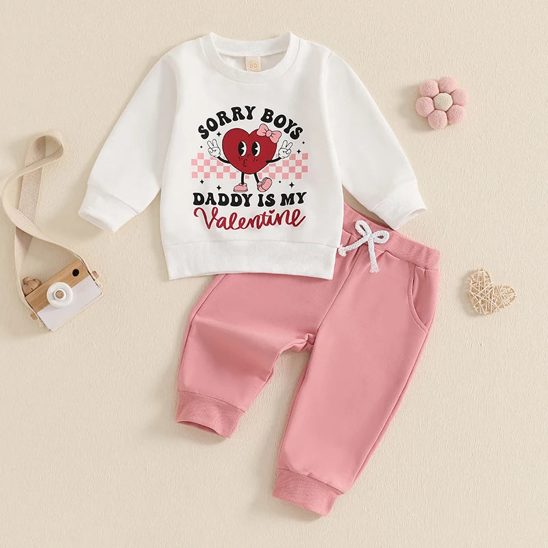 Baby Toddler Girls 2Pcs Sorry Boys Daddy Is My Valentine Valentine's Day Outfit Letter Heart Print Long Sleeve Top with Solid Color Long Pants Jogger Set Valentines