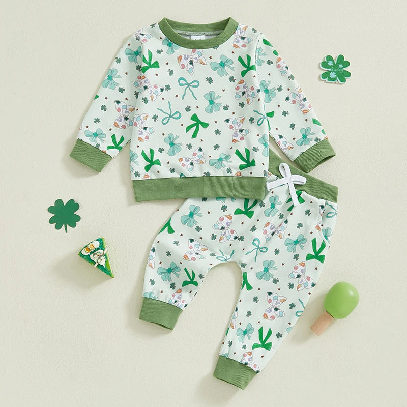 Baby Toddler Girls 2Pcs St. Patrick's Day Outfit Long Sleeve O Neck Bow Clover Shamrock Print Top Pants Jogger Set