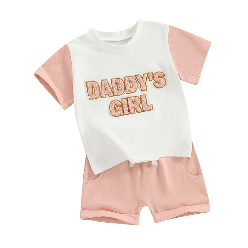 Toddler Baby Girls 2Pcs Daddy's Girl Spring Summer Set Fuzzy Letter Embroidery Short Sleeve Top Drawstring Shorts Outfit