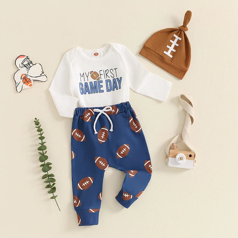 Baby Boy 3Pcs My First Game Day Fall Outfit Letter Print Long Sleeve Romper with Football Pattern Pants and Hat Set