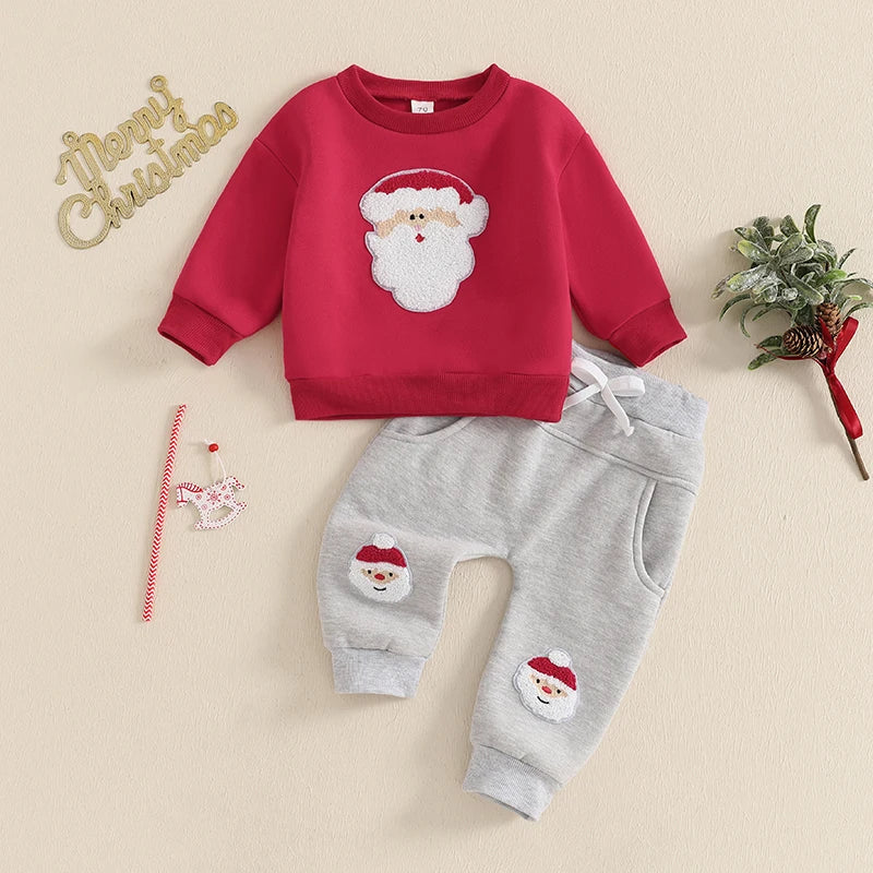 Baby Toddler Boys 2Pcs Christmas Outfit Long Sleeve Santa Embroidery Top and Pocket Pants Jogger Set