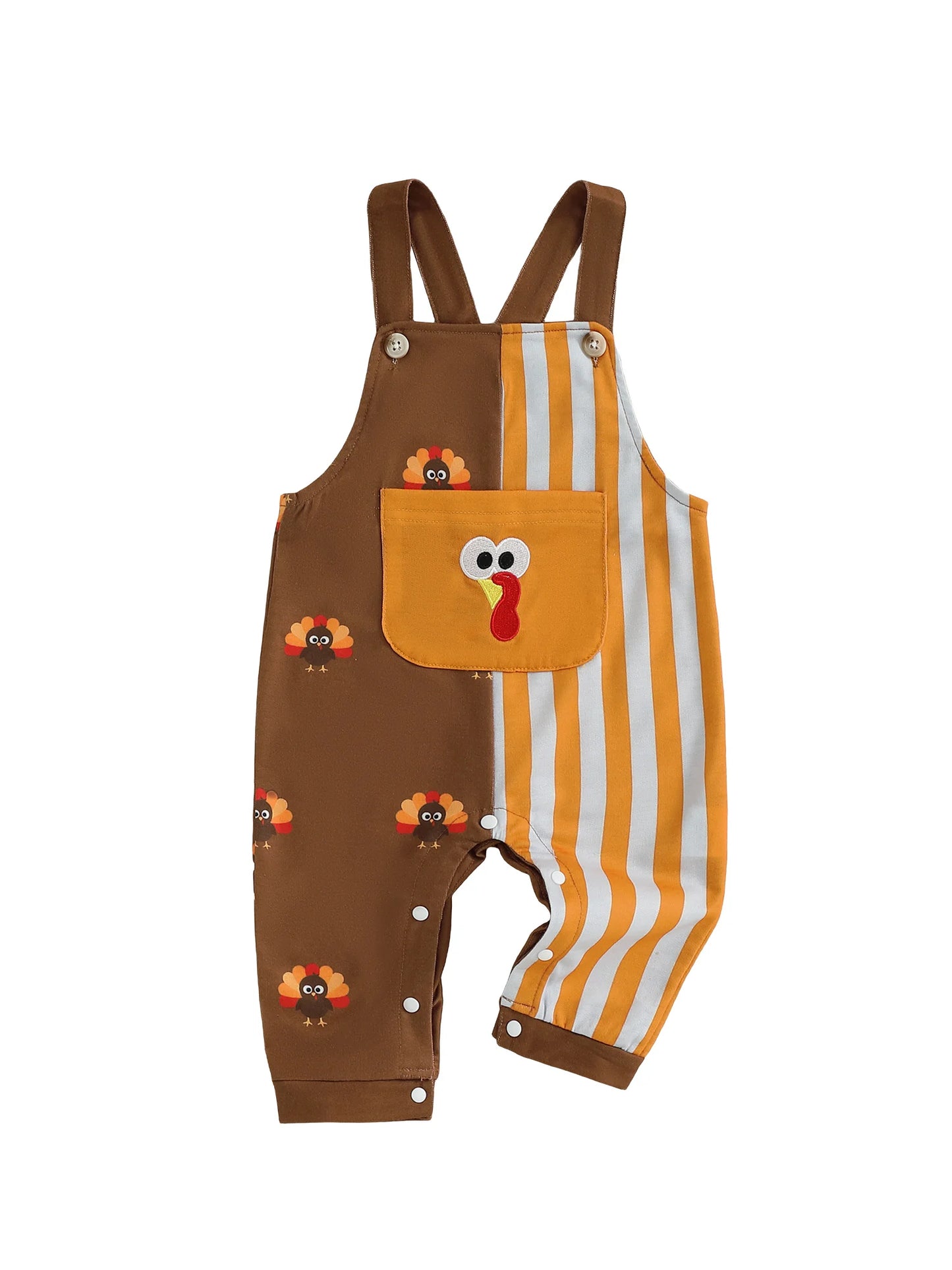 Baby Boy Thanksgiving Romper Overalls Turkey Stripe Print Sleeveless Suspender Jumpsuit