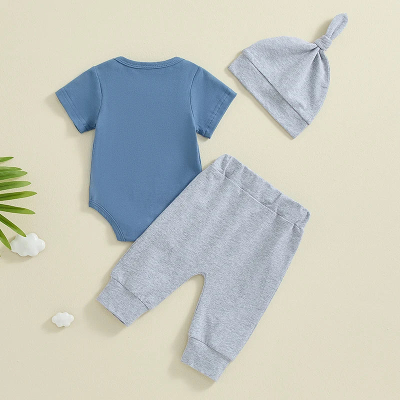 Baby Girl Boy 3Pcs Hi I'm New Here Outfit Letter Embroidery Short Sleeve Romper Elastic Waist Long Pants Hat Clothes Set