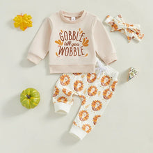 Load image into Gallery viewer, Baby Toddler Girls 3Pcs Gobble Til You Wobble Thanksgiving Outfit Letter Print Long Sleeve Top and Turkey Elastic Pants Headband Set
