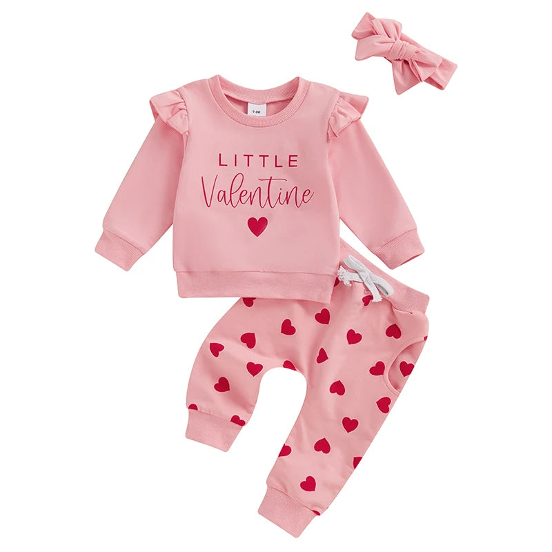 Baby Toddler Girls 3Pcs Little Valentine Valentine's Day Outfit Letter Print Flying Sleeve Top with Heart Pattern Jogger Pants and Headband Set Valentines