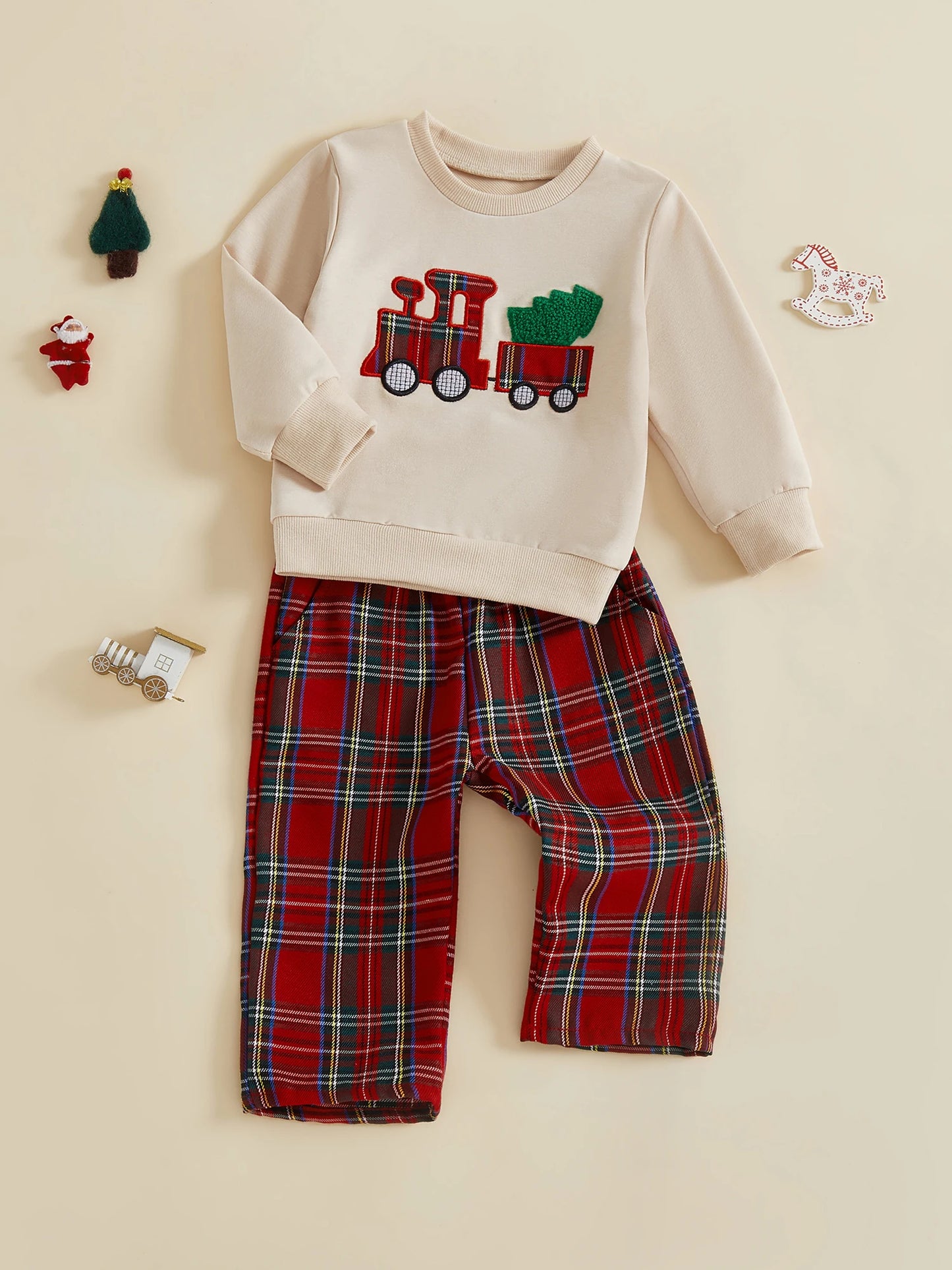 Baby Toddler Boys 2Pcs Christmas Outfits Long Sleeve Train Tree Embroidery Top + Plaid Pants Set Winter Clothes