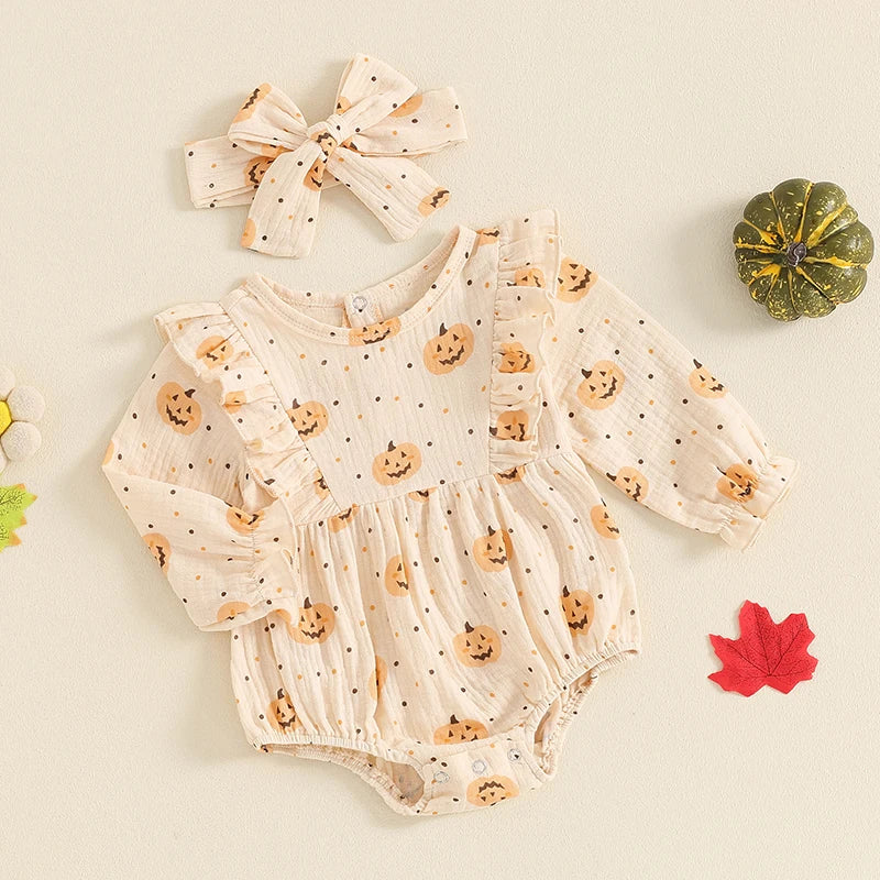 Baby Girls 2Pcs Halloween Thanksgiving Outfit Long Sleeve Pumpkin Flower Pie Print Romper with Headband Set