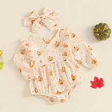 Load image into Gallery viewer, Baby Girls 2Pcs Halloween Thanksgiving Outfit Long Sleeve Pumpkin Flower Pie Print Romper with Headband Set
