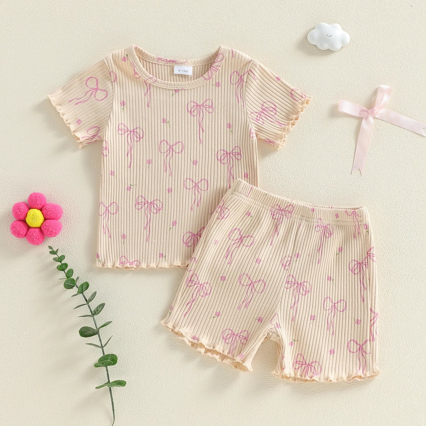 Baby Toddler Girls 2Pcs Clothing Set Fashionable Cute Bow Printed Short Sleeve Top with Shorts Outfit