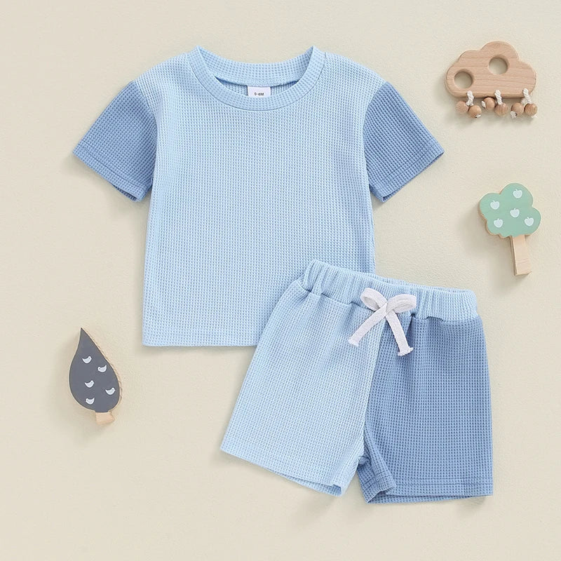 Baby Toddler Boys 2Pcs Summer Outfit Contrast Color Short Sleeves Top and Elastic Shorts Set