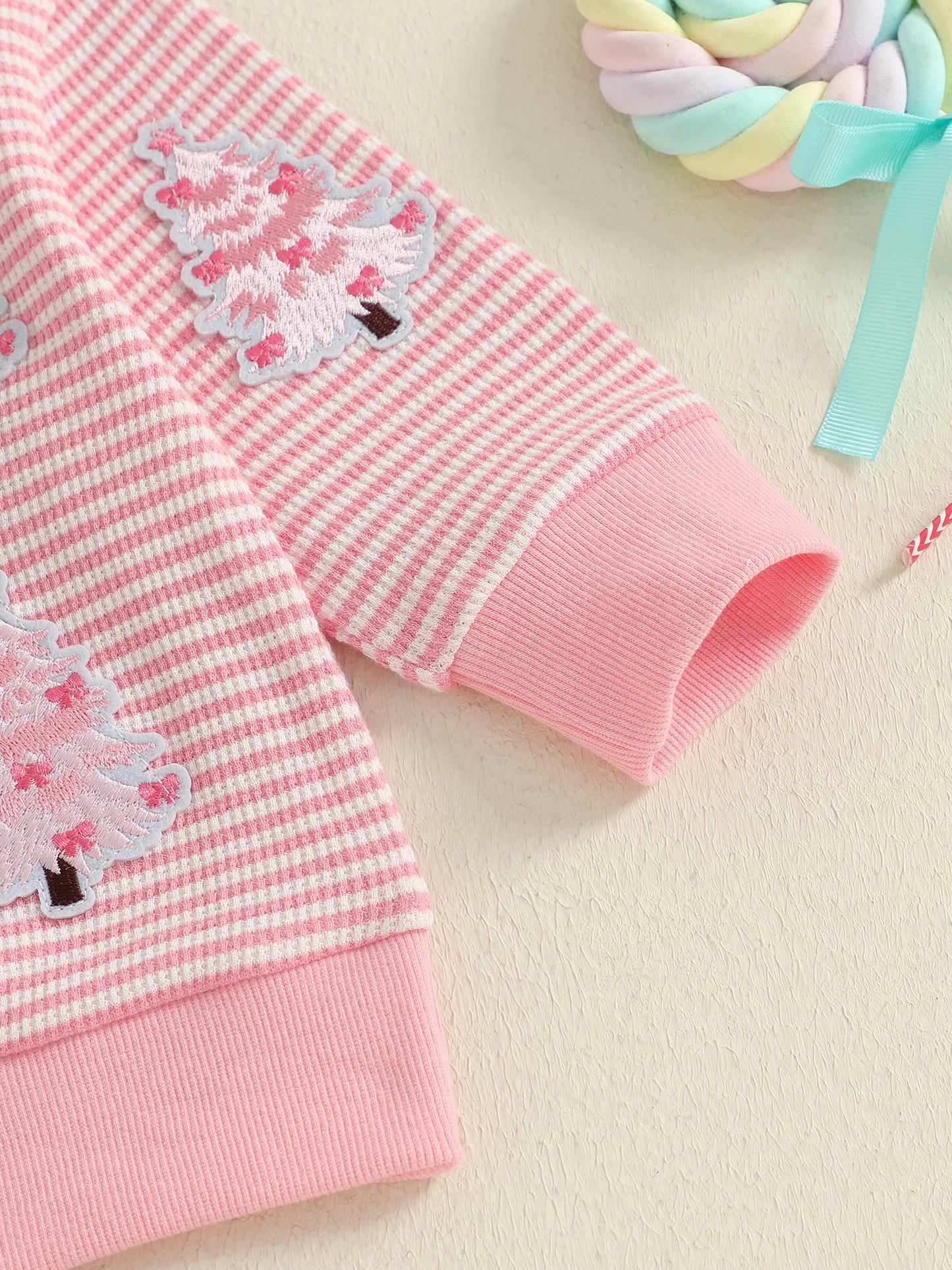 Baby Toddler Girl Christmas Top Christmas Tree Embroidered Striped Crew Neck Long Sleeve Pullover