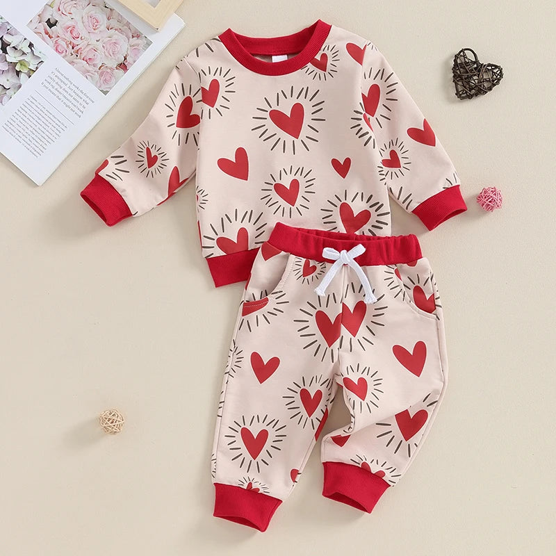 Toddler Baby Boy Girl 2Pcs Valentine’s Day Outfit Long Sleeve Heart Top + Pants Set