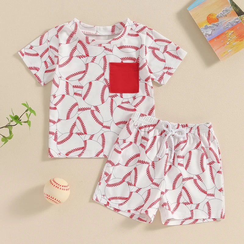 Baby Toddler Boys 2Pcs Baseball Print Pocket Short Sleeve Top Elastic Waist Shorts Clothes Set Outfit