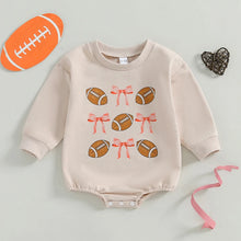 Load image into Gallery viewer, Baby Girl Bubble Romper Long Sleeve Crew Neck Bow Football Print Fall Jumpsuit
