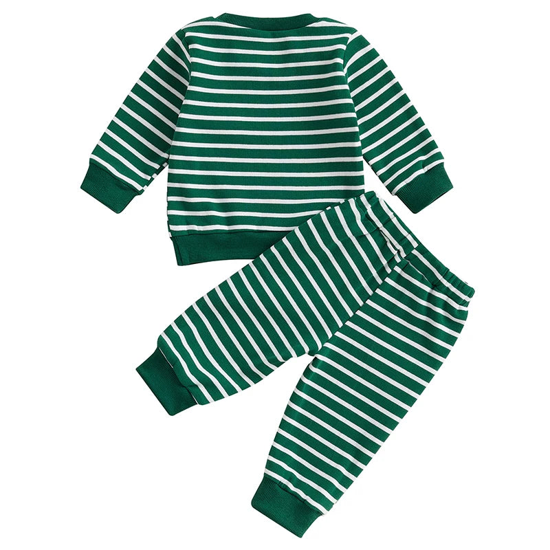 Baby Toddler Boys 2Pcs St. Patrick's Day Outfit Clover Embroidered Striped Long Sleeve Crewneck Top Joggers Pants Set