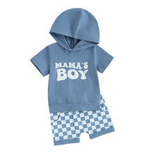 Load image into Gallery viewer, Toddler Baby Boy 2Pcs Mama&#39;s Boy Summer Outfits Letter Print Short Sleeve Hooded Top + Checker Shorts Set

