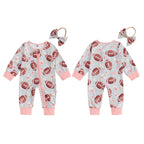 Baby Girl 2Pcs Fall Outfit Long Sleeve Football Flower Print Jumpsuit Zipper Romper with Headband Bow Set