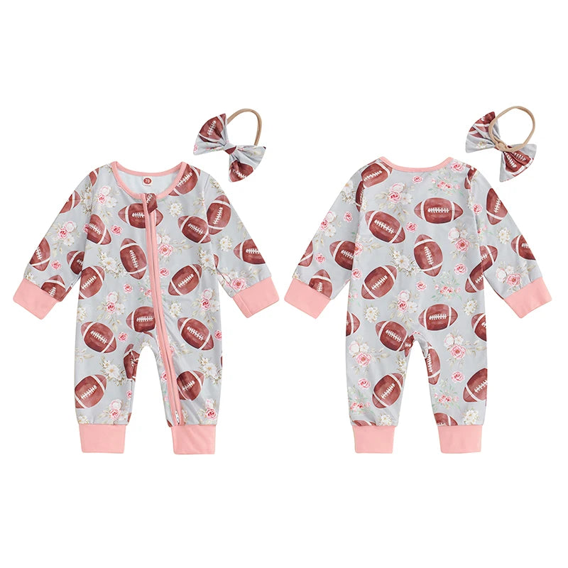 Baby Girl 2Pcs Fall Outfit Long Sleeve Football Flower Print Jumpsuit Zipper Romper with Headband Bow Set