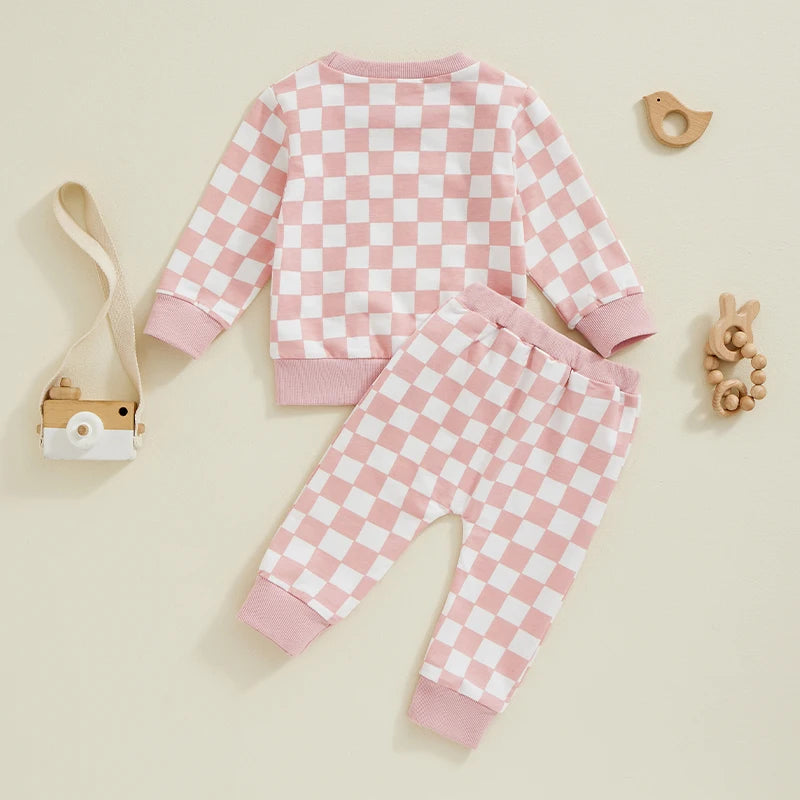 Baby Toddler Girls 2Pcs Fall Sets Long Sleeve O Neck Checkerboard Print Top Drawstring Pants Jogger Set