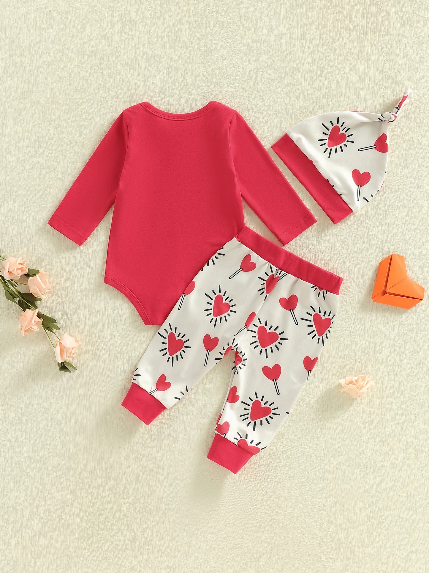 Baby Boy Girl 3Pcs My First Valentine's Day Outfit Letter Print Long Sleeve Romper Heart Candy Pattern Long Pants and Hat 3Pcs Set
