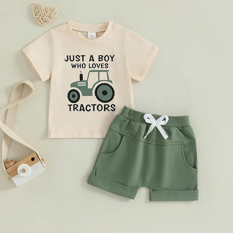 Baby Toddler Boys 2Pcs Summer Outfit Just A Boy Who Loves Tractors Letter Print Round Neck Short Sleeve Top with Solid Shorts Set