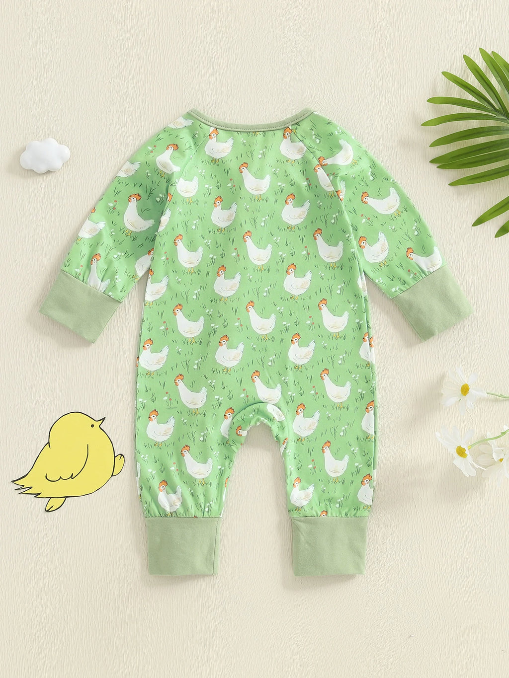 Baby Girl Boy Chicken Print Jumpsuit Long Sleeve Round Neck Zipper Romper