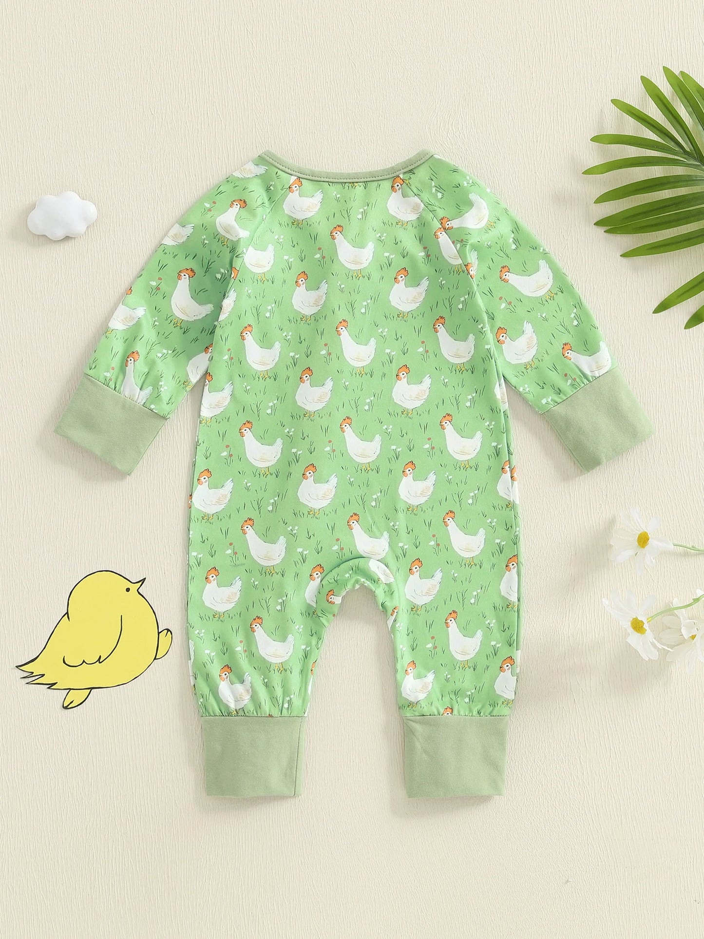 Baby Girl Boy Chicken Print Jumpsuit Long Sleeve Round Neck Zipper Romper