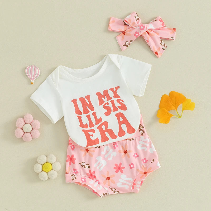 Toddler Baby Girl 3Pcs In My Lil Sis Era Spring Summer Outfits Short Sleeve Letter Romper Flower Pattern Shorts Headband Set