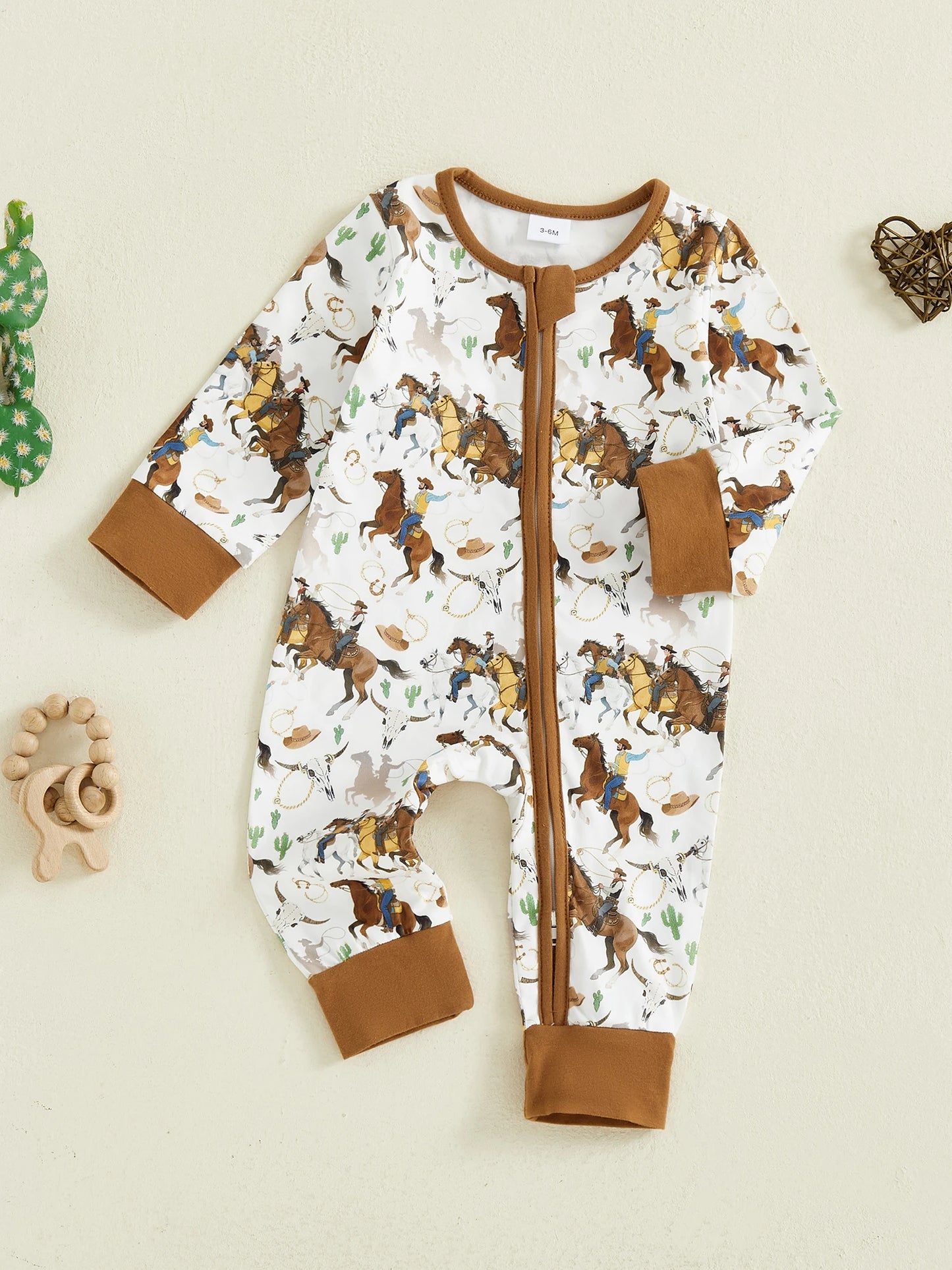 Baby Boy Western Zipper Romper Cactus Horse Print Long Sleeve Zip-up Jumpsuit Casual Infant Clothes