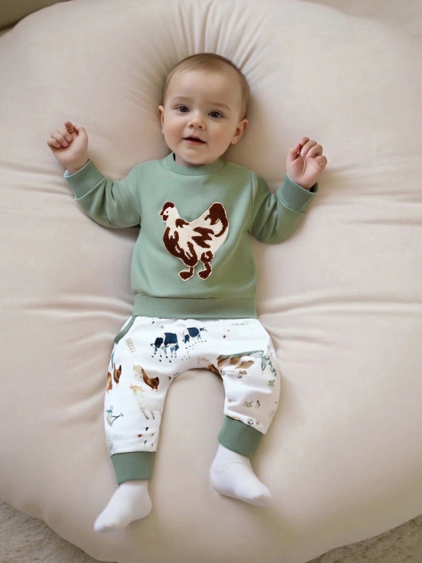 Baby Toddler Boys 2Pcs Fall Set Fashionable Long Sleeve Chicken/Duck Embroidery Pullover Top with Print Jogger Pants 2 Pcs Outfits