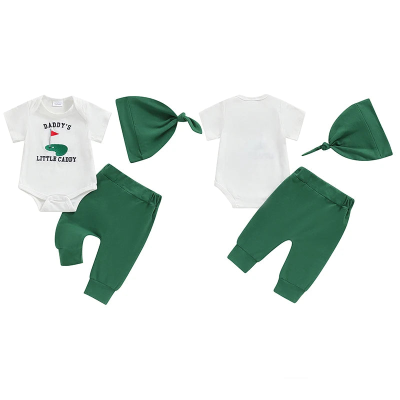 Baby Boys 3Pcs Daddy's Little Caddy / New To The Club Golf Outfit Short Sleeve Embroidery Romper + Pants + Hat Set