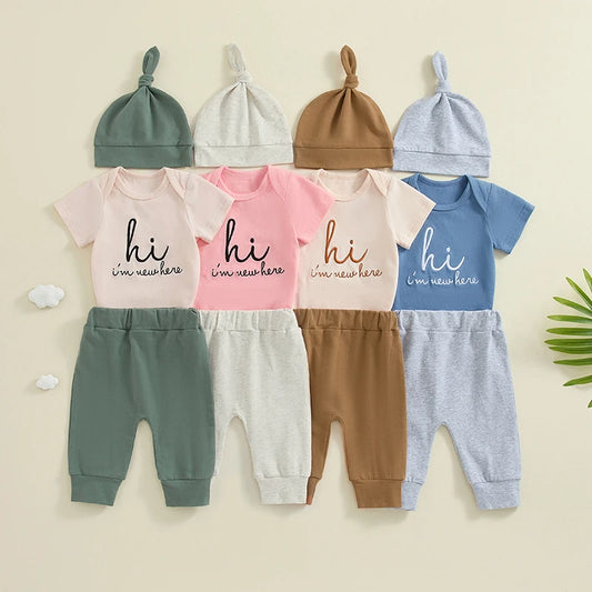 Baby Girl Boy 3Pcs Hi I'm New Here Outfit Letter Embroidery Short Sleeve Romper Elastic Waist Long Pants Hat Clothes Set