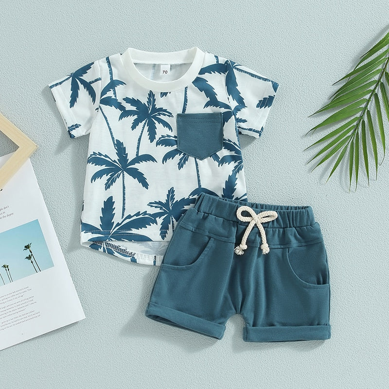 Toddler Baby Boy 2Pcs Palm Tree Print Short Sleeve Crew Neck T-Shirts Shorts Outfit