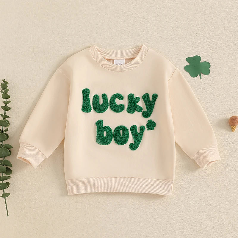 Baby Toddler Boys Lucky Boy St. Patrick's Day Irish Spring Letter Clover Shamrock Embroidered Long Sleeve O-Neck Casual Pullover Top