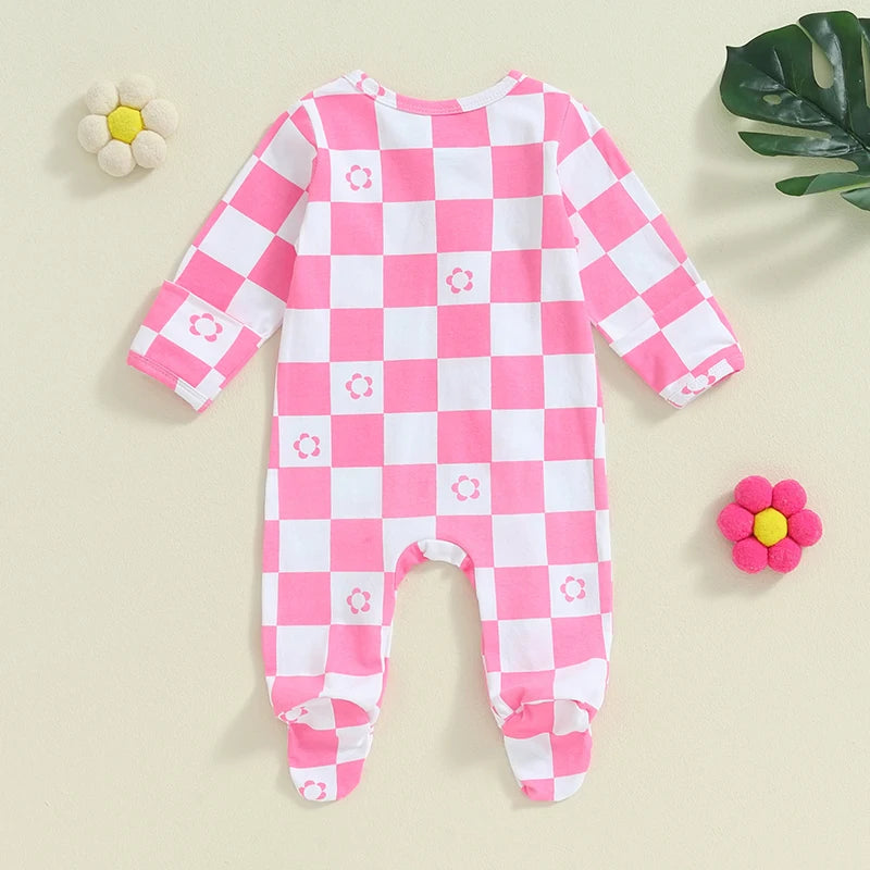 Baby Girls Footie Long Sleeve Crew Neck Zip Closure Checker Flower Print Fall Jumpsuit Zipper Romper