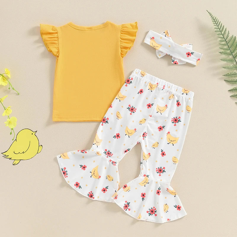 Baby Toddler Girls 2Pcs One Cute Chick Summer Outfit Fly Short Sleeve Top + Chicken Print Flare Pants Set