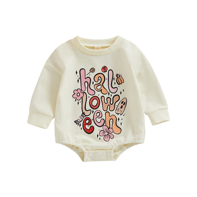 Baby Girl Halloween Long Sleeve Round Neck Cartoon Letter Print Bodysuit Playsuit Romper