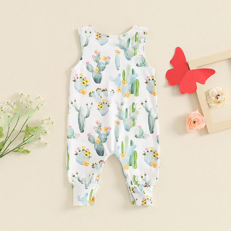 Baby Girl Summer Romper Cute Butterfly/Cactus Print Sleeveless Round Neck Jumpsuit Overalls