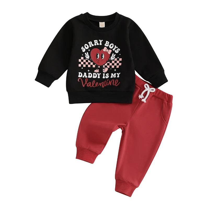 Baby Toddler Girls 2Pcs Sorry Boys Daddy Is My Valentine Valentine's Day Outfit Letter Heart Print Long Sleeve Top with Solid Color Long Pants Jogger Set Valentines