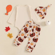 Load image into Gallery viewer, Baby Girls Boys 3Pcs My 1st First Thanksgiving Outfit Letter Print Long Sleeve Romper with Turkey Pattern Pants Set
