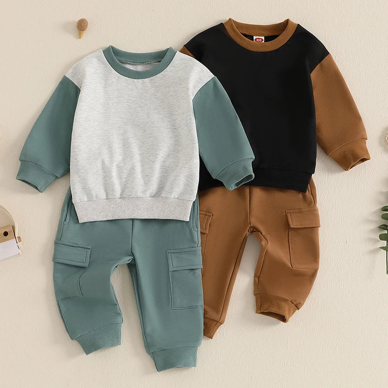 Baby Toddler Boy 2Pcs Outfit Long Sleeve Contrast Color Top + Cargo Pants Fall Winter Jogger Set