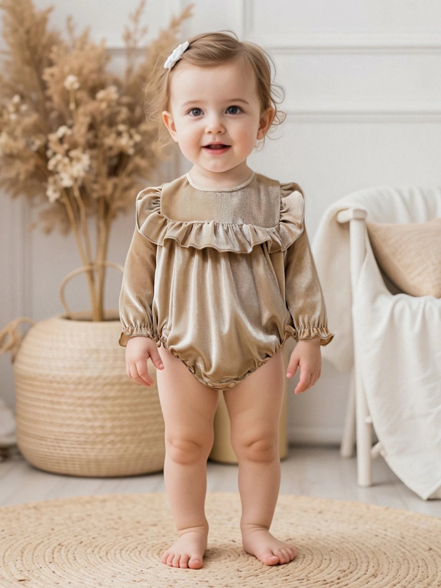 Baby Girls Velvet Romper Solid Color Ruffled Round Neck Long Sleeve Bubble Jumpsuit